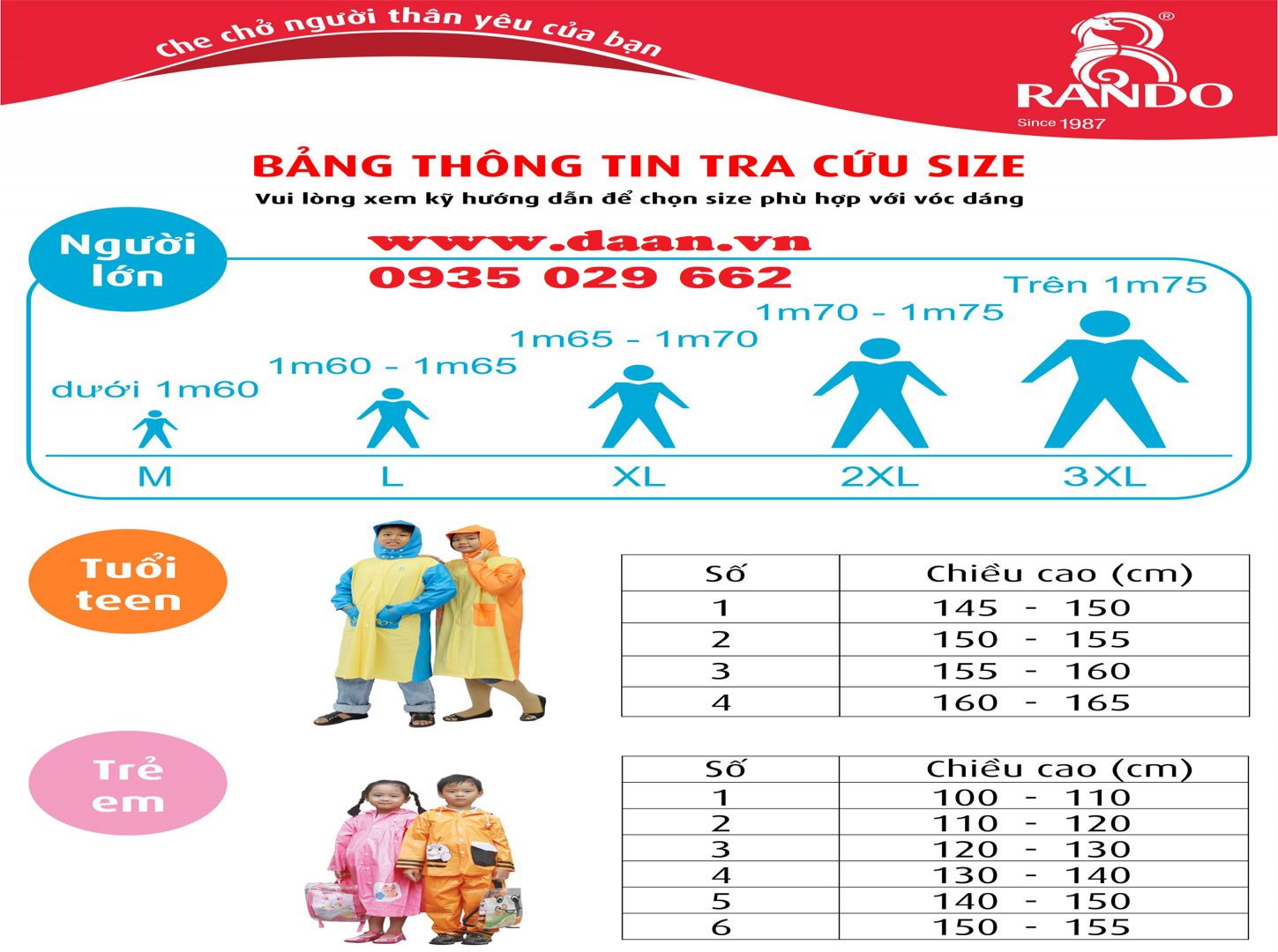 bảng size áo mưa rando
